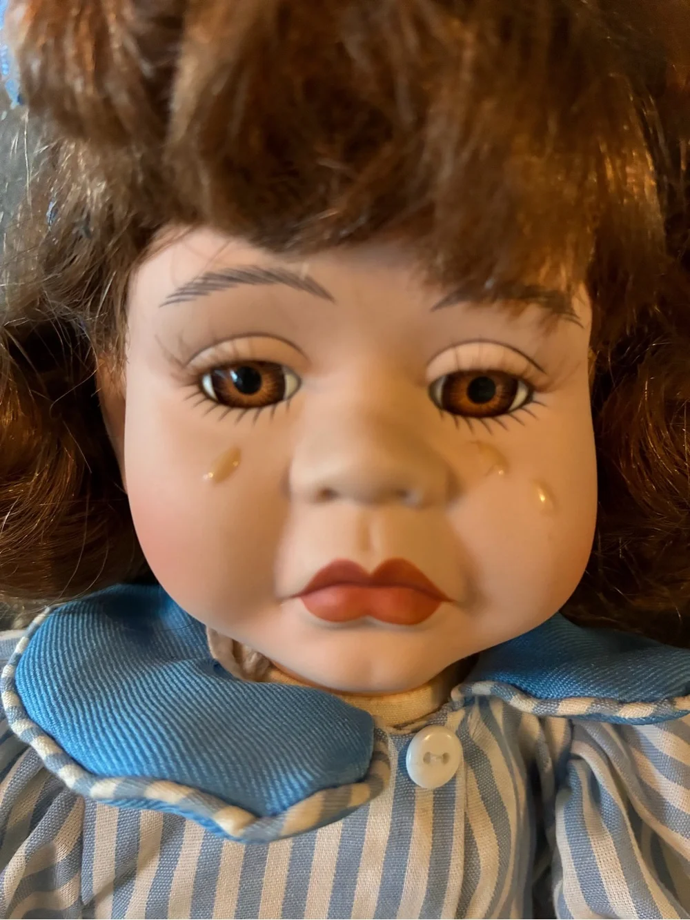 Heritage Blue & White Striped Porcelain Doll with Red Bow Accents